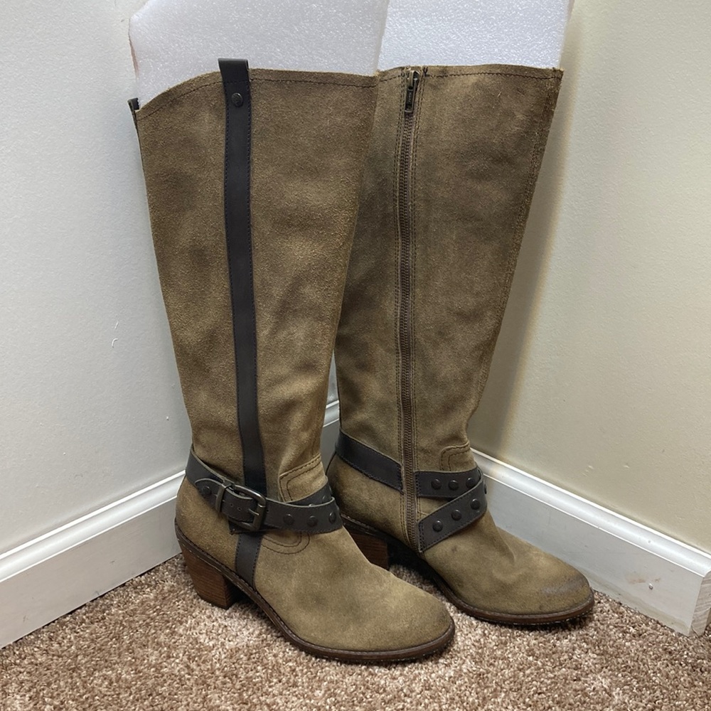 OBT Brule Distressed Leather Knee High Brown Buckle heeled boots SZ 8.5